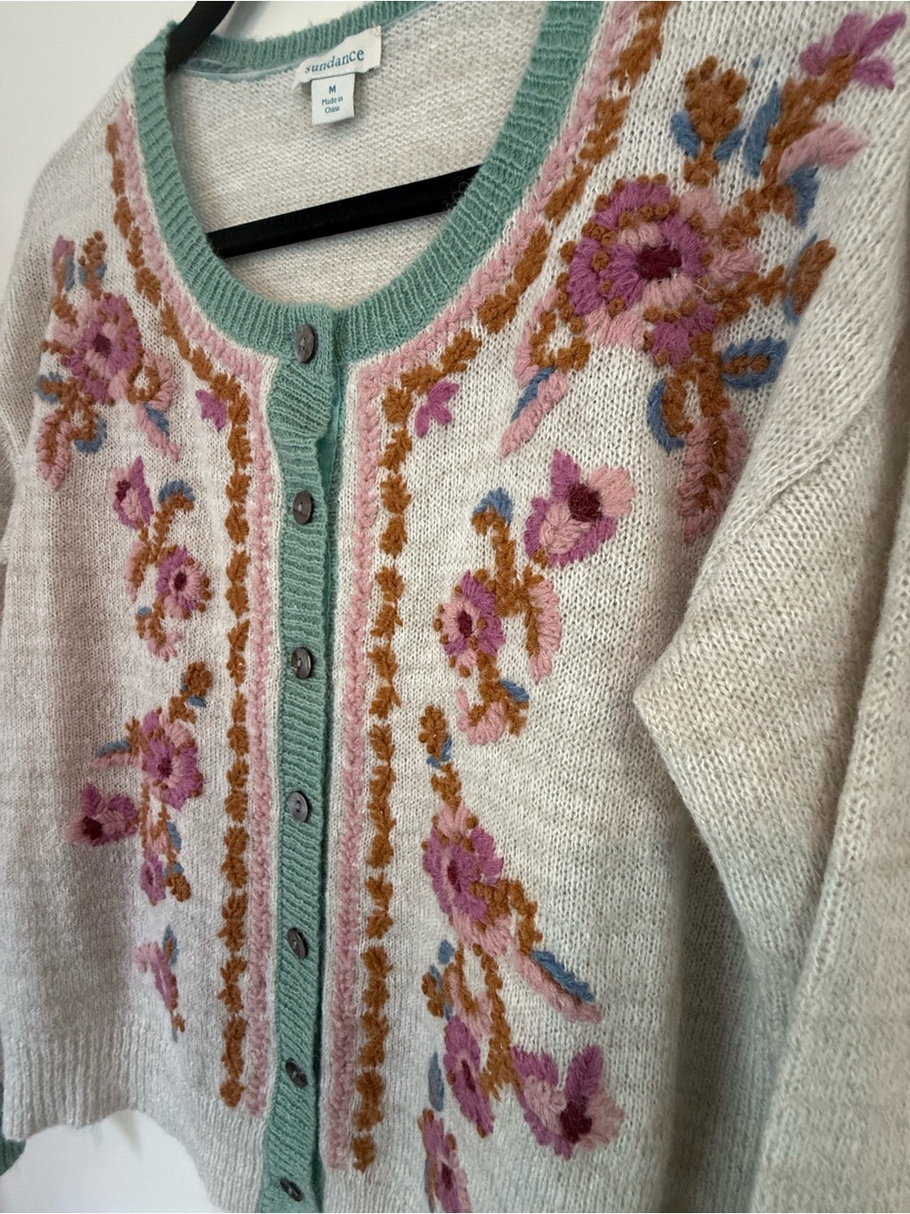 Sundance Cardigan with Pink Floral Embroidery and Mint Trim - Picture 3 of 4